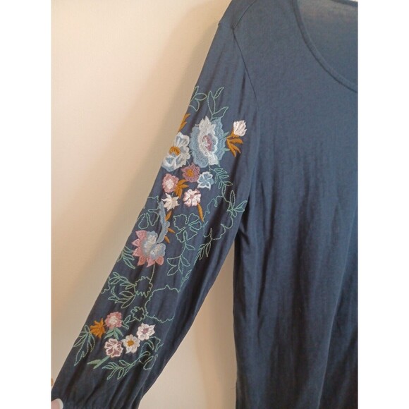 J. Jill Pullover Top Blouse SP Navy Blue Floral Embroidered Sleeves Boho Peasant - Picture 3 of 8